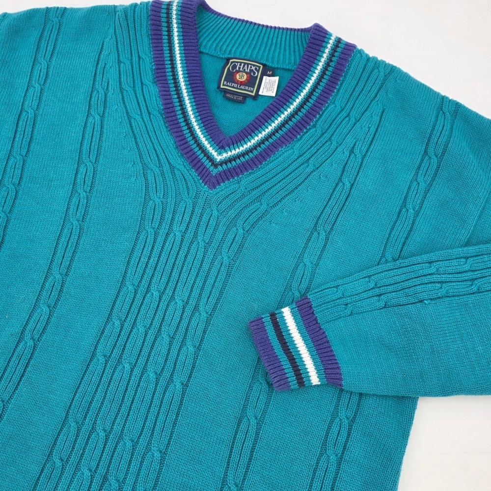 VINTAGE 90S CHAPS RALPH LAUREN SWEATER MENS MEDIUM TEAL KNIT V-NECK PREPPY USA